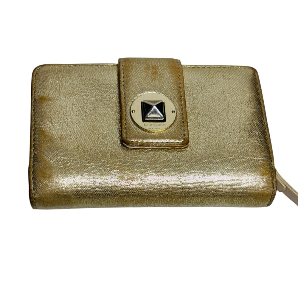 Kate Spade Women’s Small Gold Leather Bill fold card slots zipper change slot.